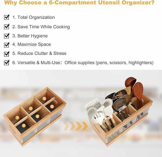 yazi Extra Large Bamboo Utensil Holder for Kitchen Counter - 6 Compartment Silverware Organizer with Natural Drying Stone, Rustic Farmhouse Decor for Home Chefs