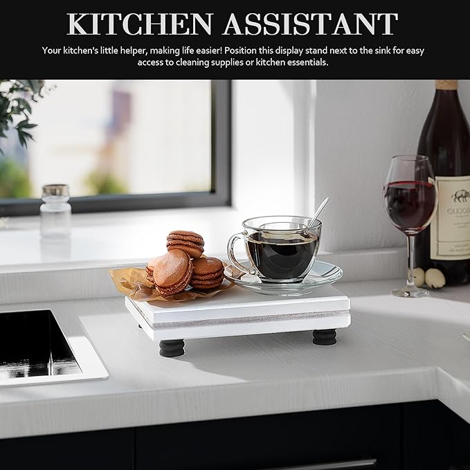 EOSAHR Farmhouse Wooden Pedestal Stand for Home and Kitchen Use â Decorative Tray for Sink Sponge Holder â The Bathroom Counter Organizer to Elevate Home Decor (Black & White)