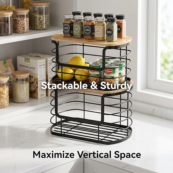 Multi-Purpose Trash Bag Holder & Stackable Kitchen Storage Organization Bins, 2-Pack Protective Wire Basket with Natural Fiber Top, Versatile Garbage Bag Dispenser Under Sink