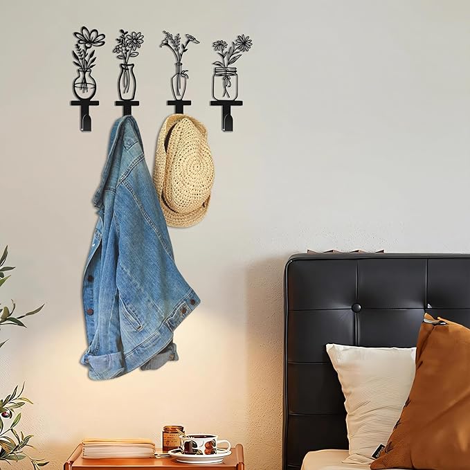 Decorative Wall Hooks, Metal Flowers Wall Decor with 4 Towel Hooks - Floral Vine Bathroom Hooks for Towels & Coats, Vintage Kitchen & Entryway Organizer