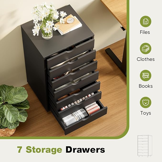 Sweetcrispy 7 Drawer Chest Mobile Storage Cabinets Wooden Dresser with Wheels Room Organization Furniture for Office Home, Black Wood