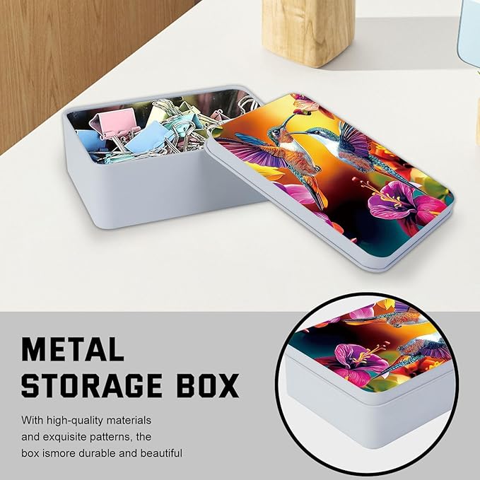 Metal Tin Box with Lid for Game Cards Home Organizer Candles Keys Crafts Storage - Equipped with 4 Magnetic Cord Clips，Hummingbirds and flowers