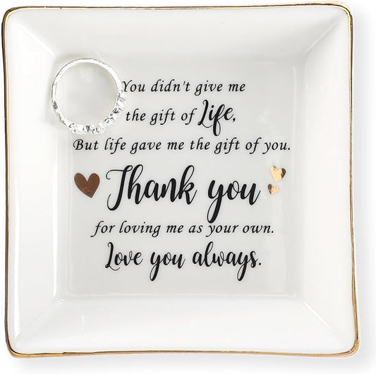HOME SMILE Bonus Mom Gifts Mother's Day,Step Mom Ceramic Ring Jewelry Dish Tray Plate for Birthday Christmas-You Didn't Give Me Life but Life Gave Me You,Thank You for Loving Me As Your Own