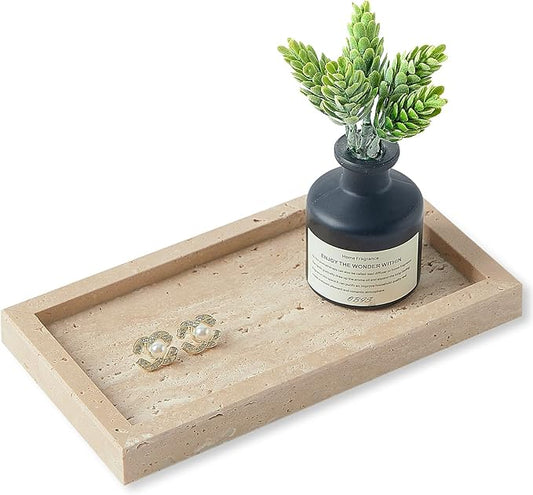 Natural Small Marble Vanity Tray, Luxury Stone Organizer for Bathroom & Kitchen | Holds Soap Dispenser, Jewelry, Perfume | Non-Resin, Non-Ceramic Décor (Travertine, Mini (7.9" x 4.3" x 0.78"))