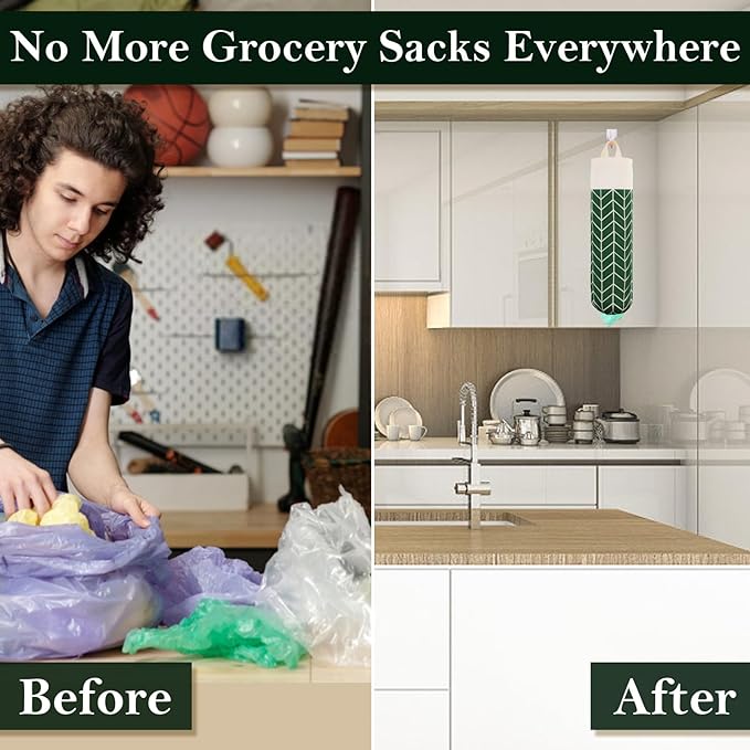 Canvas Grocery Bag Holder Dispenser, Wall Mount Shopping Trash Bag Storage Organizer for Home Kitchen (Fresh Green)