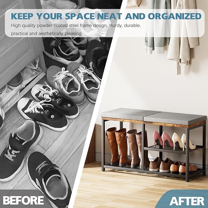 Shoe Rack for Entryway, Freestanding Hidden Shoe Storage Organizer, Boot Shoe Bench Shelves for High Heels with Seat cushion, Narrow Wood Shoe Rack for Entrance Closet, Hallway, 3 Tier (Brown + Gray)