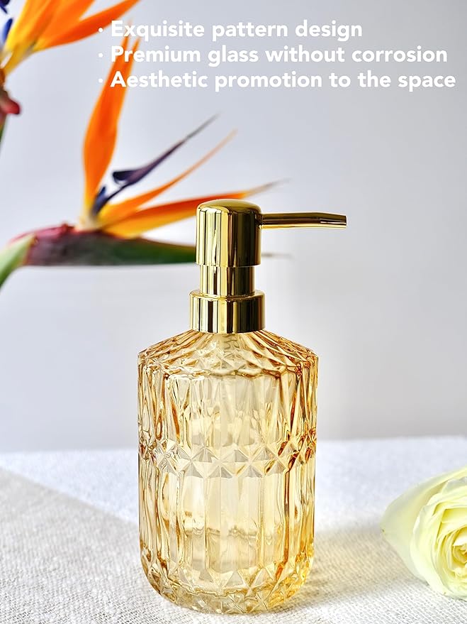 Clear Glass Soap Dispenser with Gold Rust Proof Pump, Refillable Thick Glass Kitchen Soap Dispenser, Lotion Dispenser Bathroom for Hands Soap, Dish Soap, Body Wash (Yellow Gold