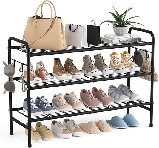 3 Tier Shoe Rack 33" Wide Metal Shoe Organizer Long Shoe Storage with 4 Side Hooks Sturdy Shoes Shelf for Front Door Entrance, Closet, Garage, Dorm, Black