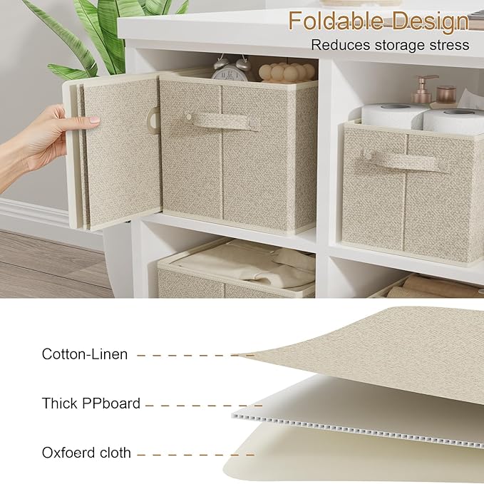Open Storage Baskets, Collapsible Cube Bins, Fabric Container Organizer with Metal Handles, Boxes for Shelves, Closet, Living Room, 10.2x7.9x6.7in, Grey and Beige, 4 Pack