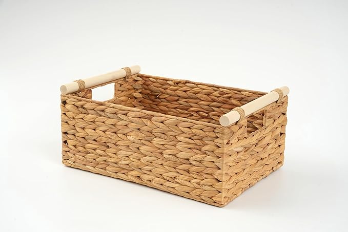 Wicker Storage Basket with Handles 15.5x10.8x6.2 Inch, Natural Woven Storage Baskets for Shelves Organization, Decorative Basket for Kitchen, Bathroom, Living Room Decor, Farmhouse Home Decor