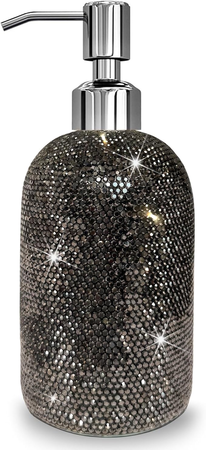 SlowVibes 18Oz Bling Black Soap Dispenser with Rust Proof Stainless Steel Pump,Refillable Liquid Hand Wash Bottle for Bathroom Kitchen,Sparkle Decorative Shower Dispenser,Rhinestone Lotion Dispenser