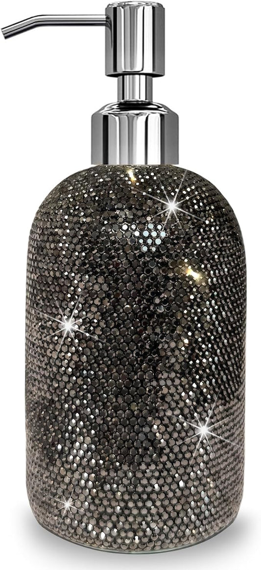 SlowVibes 18Oz Bling Black Soap Dispenser with Rust Proof Stainless Steel Pump,Refillable Liquid Hand Wash Bottle for Bathroom Kitchen,Sparkle Decorative Shower Dispenser,Rhinestone Lotion Dispenser