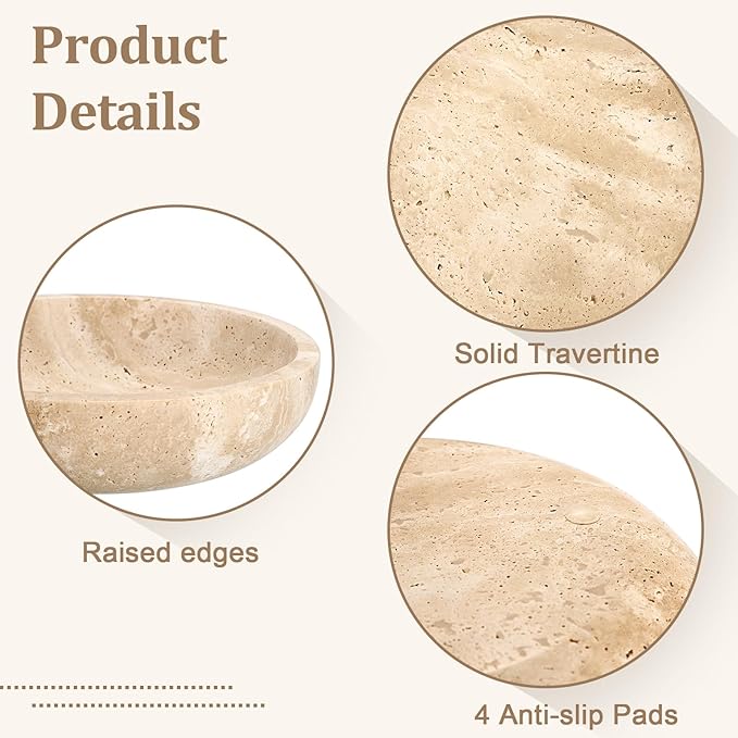 Hipiwe Key Holder for Entryway 7.9" Round Key Bowl Decorative Travertine Tray Nightstand Organizer Trays Jewelry Dish for Jewelry Ring Trinket Storage Home Decor