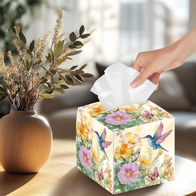 Flowers Tissue Box Holder, Hummingbird Square Tissue Box Cover Foldable Tissue Storage Box Waterproof Paper Towel Case Container Organizer Tissue Box Holder for Bedroom Office Bathroom Car