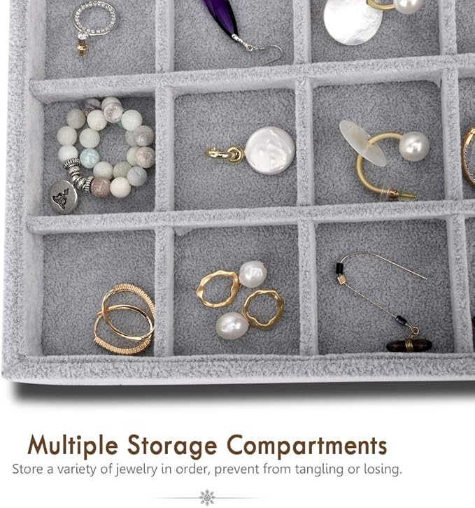 Emibele Jewelry Organizer, 24 Grids Necklace Pendant Organizer Watch Storage Rings Earrings Bracelet Organizer Tray Showcase Display Velvet Stackable Jewelry Storage - Grey