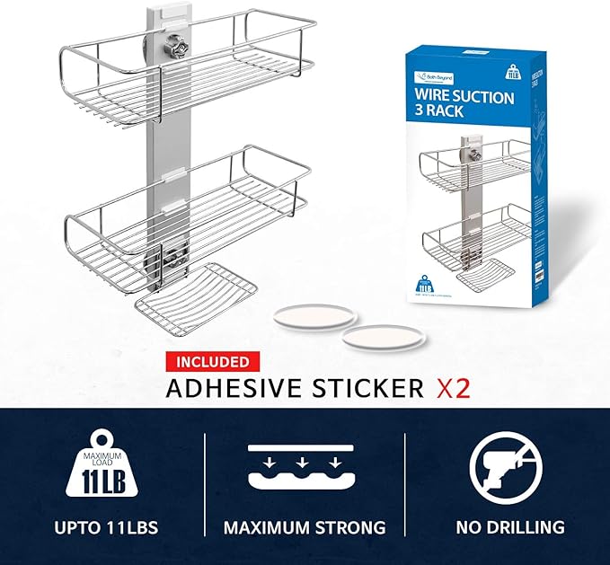 Bath Beyond BATHBEYOND Shower Caddy Suction Cup Tier Shower Shelf - Adjustable Shower Caddy 400 Stainless Steel No-Drilling and Extra Adhesive Sticker for More Stronger Suction, 3T-CADDY