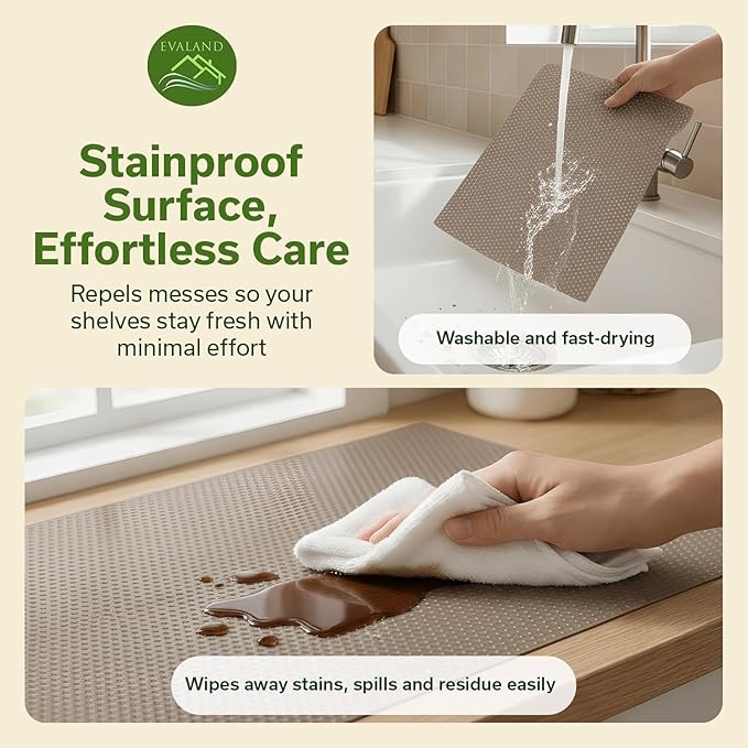 EVALAND Shelf Liners for Kitchen Cabinets Non-Adhesive 17.7" x 33 FT Beige Drawer Liner Non Slip, Washable Cabinet Liner, Waterproof Shelf Liners for Cabinets, Refrigerator Bathroom Pantry - Thickened