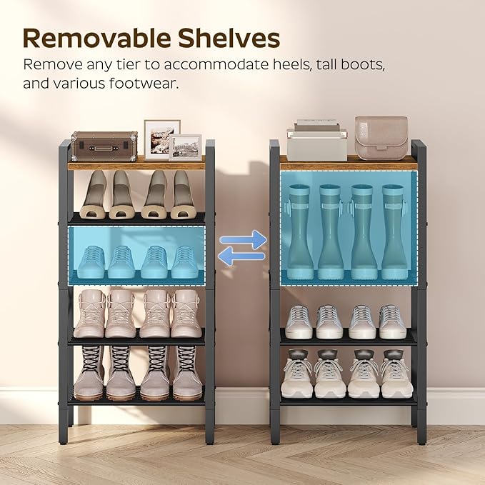 5-Tier Narrow Shoe Rack, Tall Shoe Rack for 5-10 Pairs, Slim Shoe Storage Organizer with Wooden Top, Space Saving, Metal Frame, for Entryway, Rustic Brown and Black SS65BR