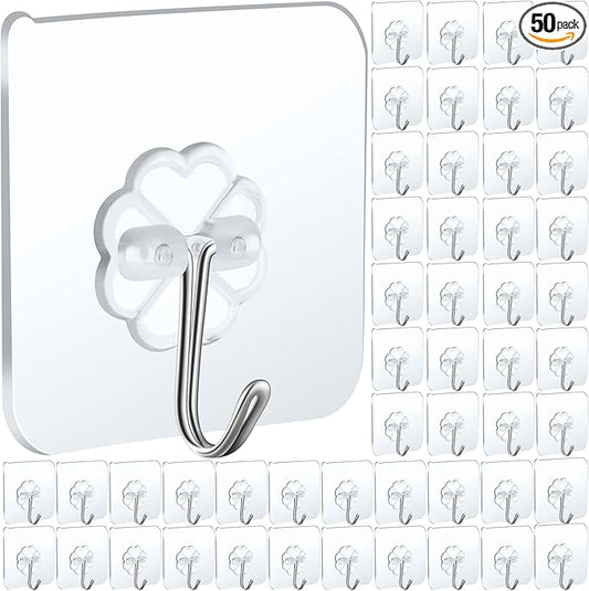 50 Packs Adhesive Hooks, Heavy Duty 22lb(Max) Wall Hooks for Hanging Key Cup Hat Coat Holder, Transparent Waterproof Sticky Hooks Wall Hangers for Kitchen Bathroom Shower Door Hanger Hooks