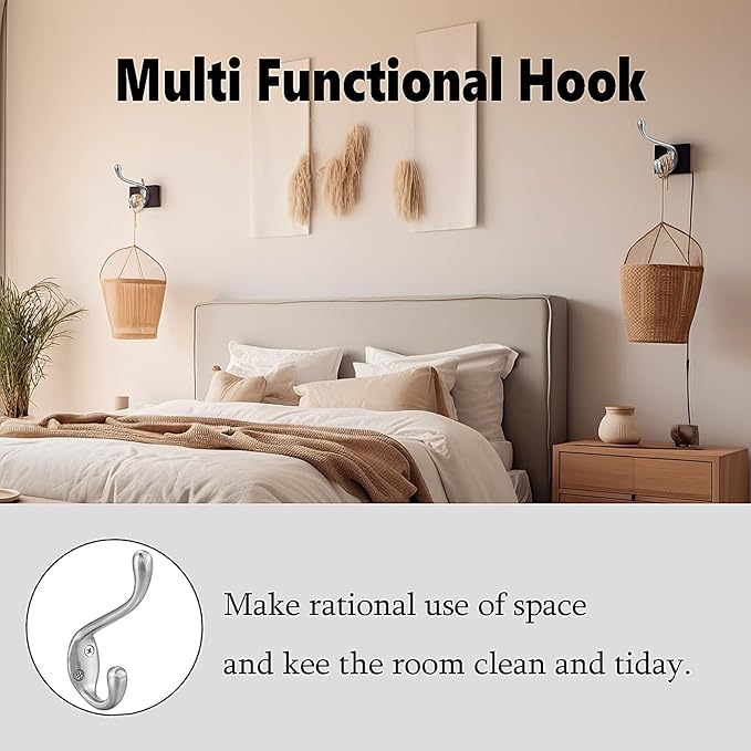 Coat Hooks 10 Pack - Heavy Duty Wall Mounted Brushed Nickel Double Hooks for Hanging Clothes/Towels - Sturdiness Design with Better Mounting System