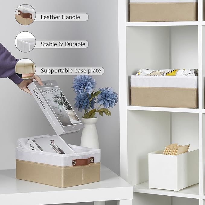 HNZIGE Collapsible Storage Bins, 6 PCS Fabric Small Storage Bins for Organizing Shelves, White&Beige, 11.8 x 7.8 x 5.1 inches