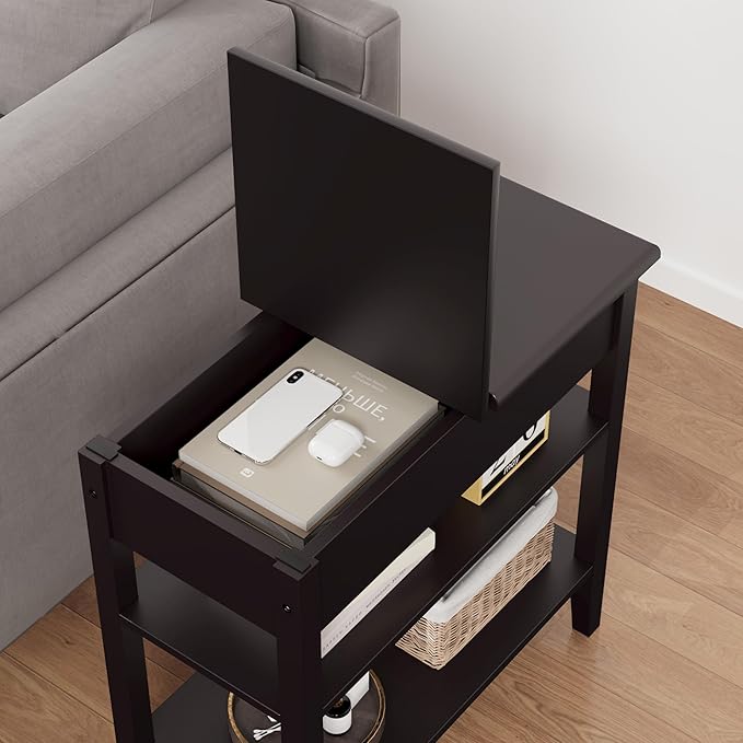 End Table, 3-Tier Flip Top Side Table, Narrow Nightstand with Storage Shelves, for Small Spaces, Living Room, Brown