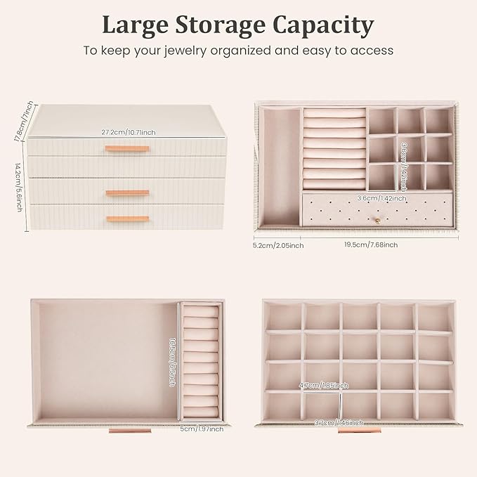 Dajasan Jewelry Boxes for Women, Jewelry Organizers and Storage with 2 Drawers, Large Jewelry Organizer Box for Necklaces Rings Earrings Bracelets, Gift Idea, Modern Style (Beige)