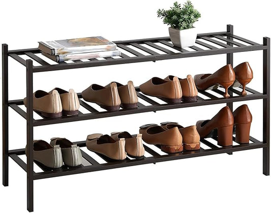 Long Shoe Rack, 3-Tier Bamboo Stackable Shoe Shelf Storage Organizer, Shoe Stand for Closet, Entryway and Hallway
