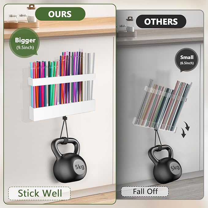 9.5â Large Acrylic Straw Holder for Cabinet Door - Reusable Tumbler Straw Organizer Storage, Small Kitchen Accessories Container, Ultra Sticky Cupboard Door Mounted (White)