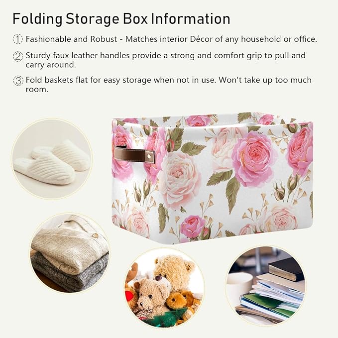 susiyo Large Foldable Storage Bin, Floral Pink Roses Fabric Storage Baskets for Shelves, Closet Organizer Bins, Decorative Baskets Clothes Storage Bin with PU Handles -2Pack