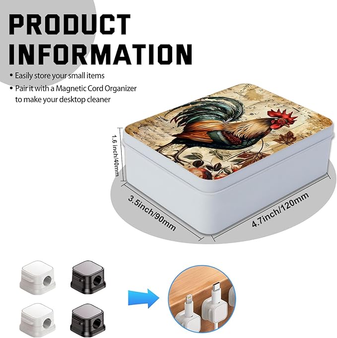 Metal Tin Box with Lid,Multi-functional Storage Box Can Store Tea Biscuits Game Cards, Playing & Tarot Cards-Comes with 4 Magnetic Cord Clips,Vintage Rooster Art