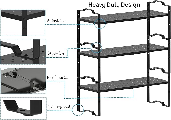 Expandable Shelf for Cabinet Organizer Adjustable Stackable Spice Rack at Kitchen and Bathroom More,Metal Plate with Hole (2 Packs/Black, Large)
