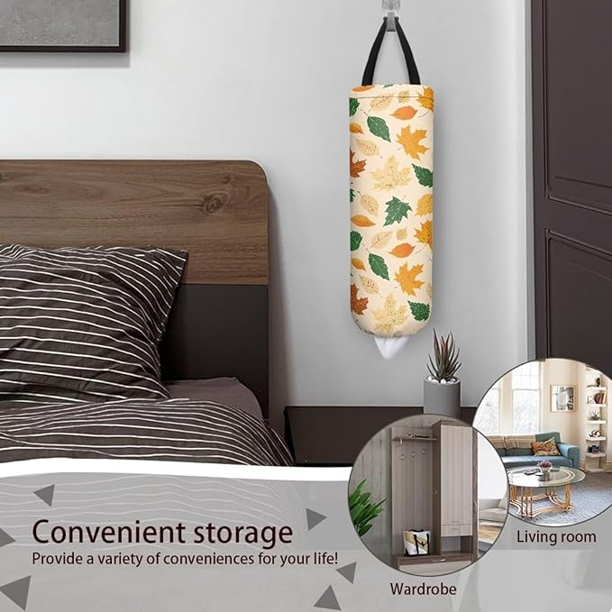 Hanging Plastic Bag Holder Dispenser Set of 2 Reusable Wall Mount Hanging Plastic Bag Storage Organizer for Grocery Bags,Falling Leaves