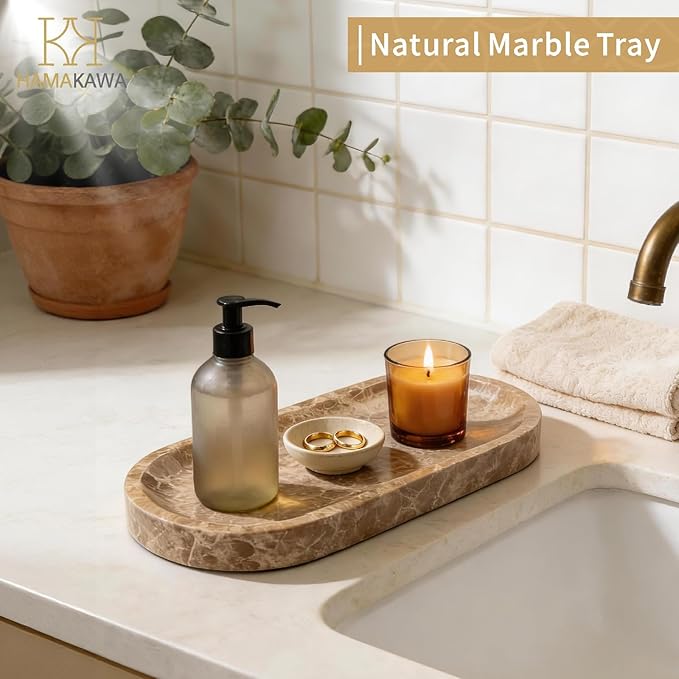 Bathroom Vanity Tray, Natural Marble Oval Tray 10 inch, Emperador Light Marble Vanity Tray for Soap Dispenser Modern Countertop Organizer for Kitchen Countertops, Home Decor