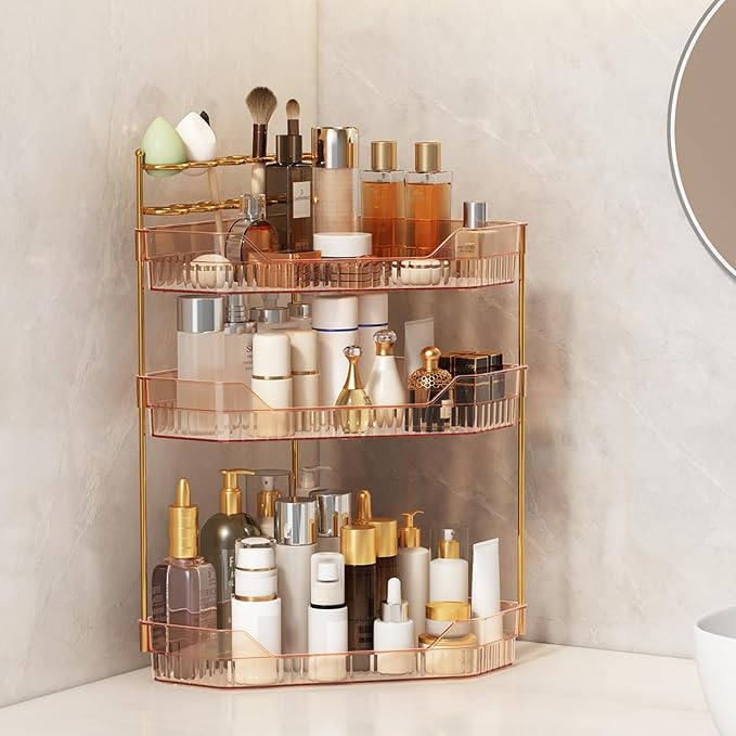 Corner Bathroom Counter Organizer with Makeup Brush Holder & Toothbrush Holders, Makeup Organizer for Vanity Countertop, Acrylic Skincare Storage Shelf (Amber, 3-Tier)