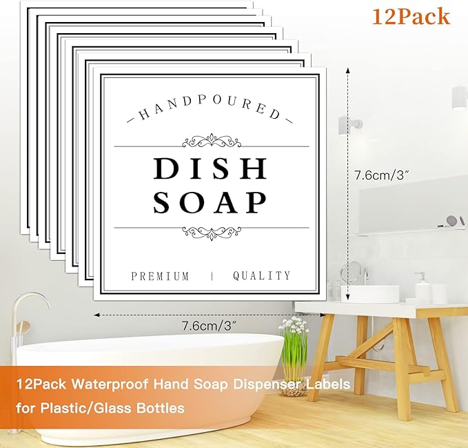 White Waterproof Soap Labels for Plastic/Glass Bottles, Bathroom/Kitchen Hand Soap Dispenser Label Stickers, Removable Cleaning Bottle Labels for Soap, Lotion, Shampoo Conditioner, 12Pack (White)