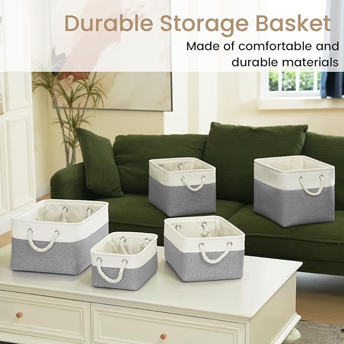 Storage Baskets for Shelves 11.8x7.9x5.2 Inch, Foldable Fabric Storage Bins with Handles, Small Storage Baskets for Organizing Closet, Office, Home Organization (3-Pack, White&Gray)