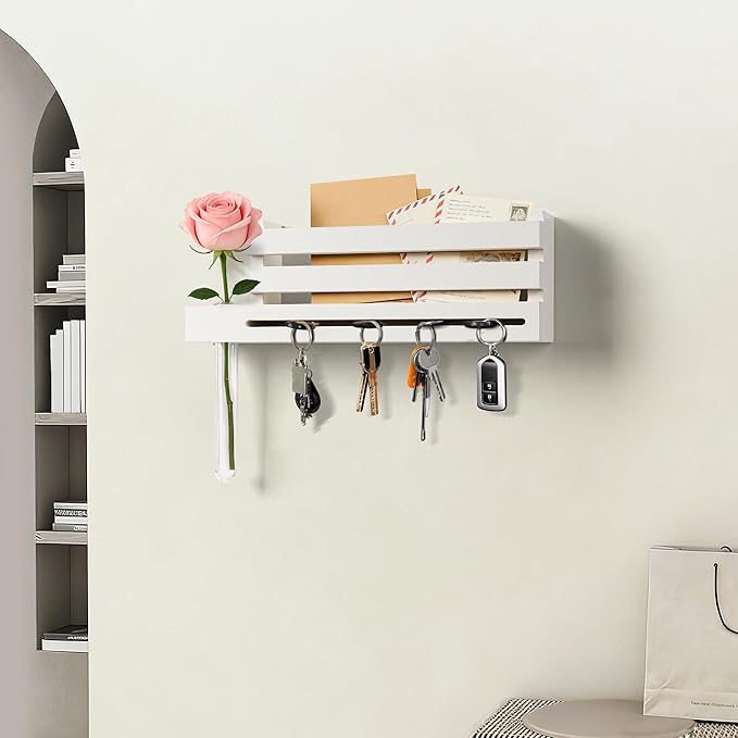 AELS Creamy White Wall Mounted Key Holder with Acrylic Vase & Mail Organizer, Wooden Entryway Key Rack with 5.9" Test Tube Vase, Decorative Key Hanger with Slot for Keys and Letters, Gift Idea