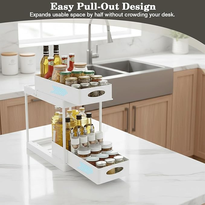 2 Pack Under Sink Organizer, Pull Out Cabinet Storage Organizers for Bathroom & Kitchen, Multi Purpose Under Counter Shelf Rack, Slide out Under the Sink Storage, Cabinet Organizer (White)