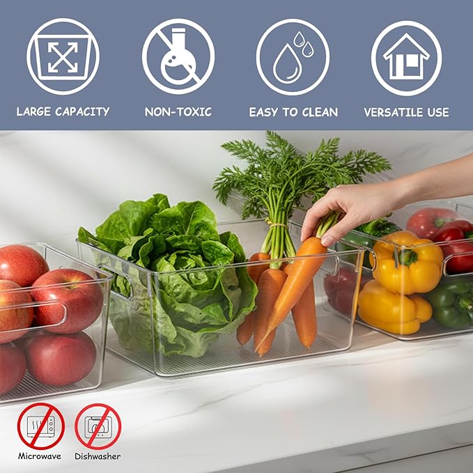 Clear Plastic Storage Bins, 4 Pack Pantry Organizer Bins with Handle for Kitchen, Office, Closet, Cabinet, Laundry Room, Freezer, Bathroom & Home Organization