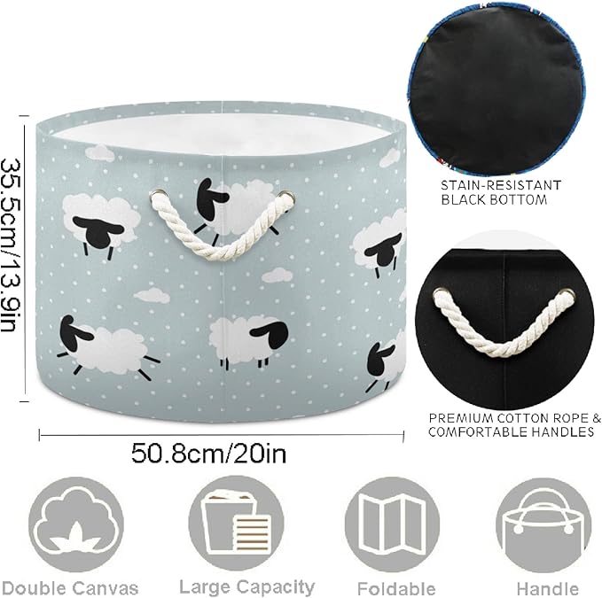 visesunny Cute White Sheep Animal Dot Grey Collapsible Large Capacity Basket Storage Bin with Durable Cotton Handles, Home Organizer Solution for Office, Bedroom, Closet, Toys, Laundry