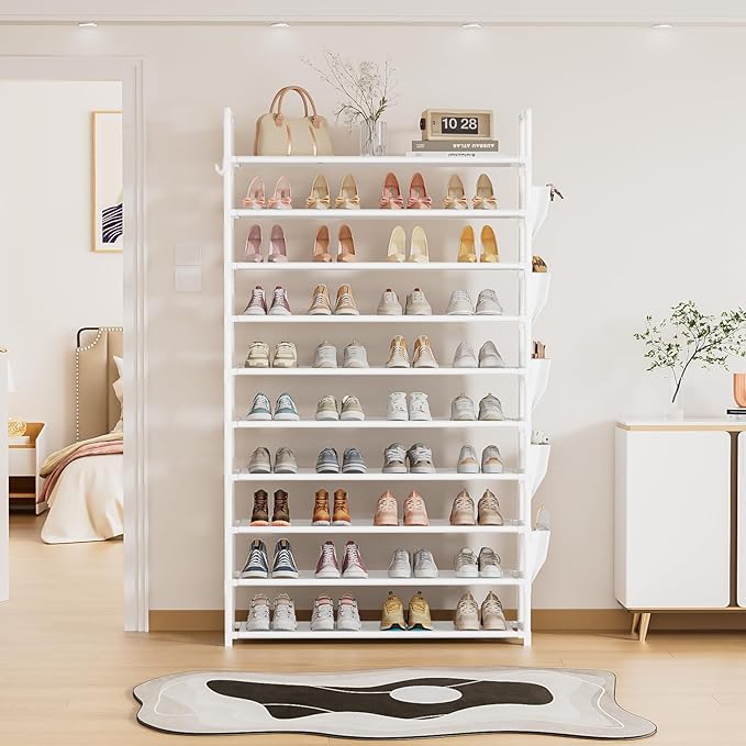 Tall Shoe Rack 10 Tier Shoe Racks Organizer for Closet 40-45Pairs,Large Capacity Storage Rack for Shoes with 5Hooks,Sturdy Metal Shoe Shelf, Vertical Shoe Stand Tower