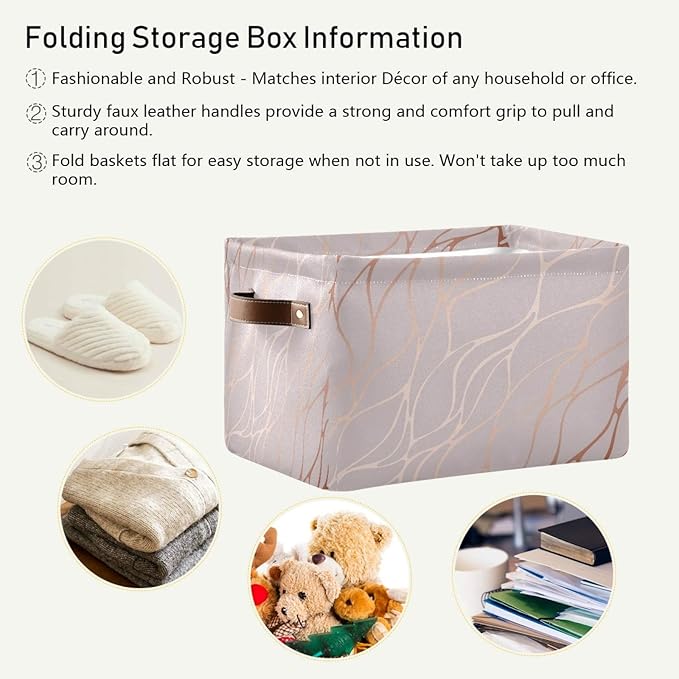 AUUXVA Storage Basket Rose Gold Marble Texture Storage Cube Box Durable Canvas Collapsible Toy Basket Organizer Bin with Handles for Shelf Closet Bedroom Home Office