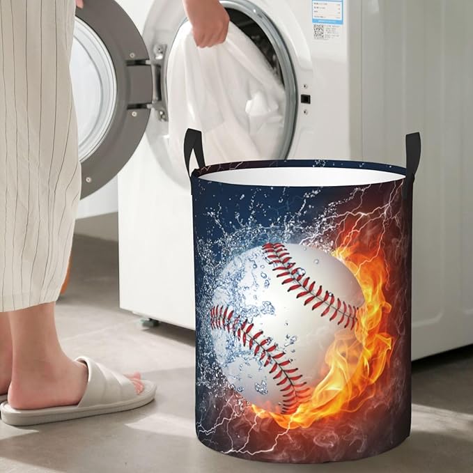 Sport Baseball Ball In Fire And Water Round Laundry Hamper Storage Basket Toys Clothes Organizer Bin For Home Bathroom Bedroom Dorm Nursery, 62l