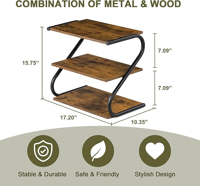 Small 3-Tier Shoe Rack, Z-Frame Wooden Shoe Shelf with Durable Metal Shelves for Hallway, Living Room, Closet, Bedroom (17.2”)