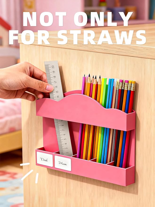 9.8" Acrylic Straw Holder for Cabinet Door - Straw Organizer with Ultra-Sticky Adhesive, Kitchen & RV Essensials, 5-Compartment Storage for Reusable Straws & Brushes, Colored Pencils, Markers