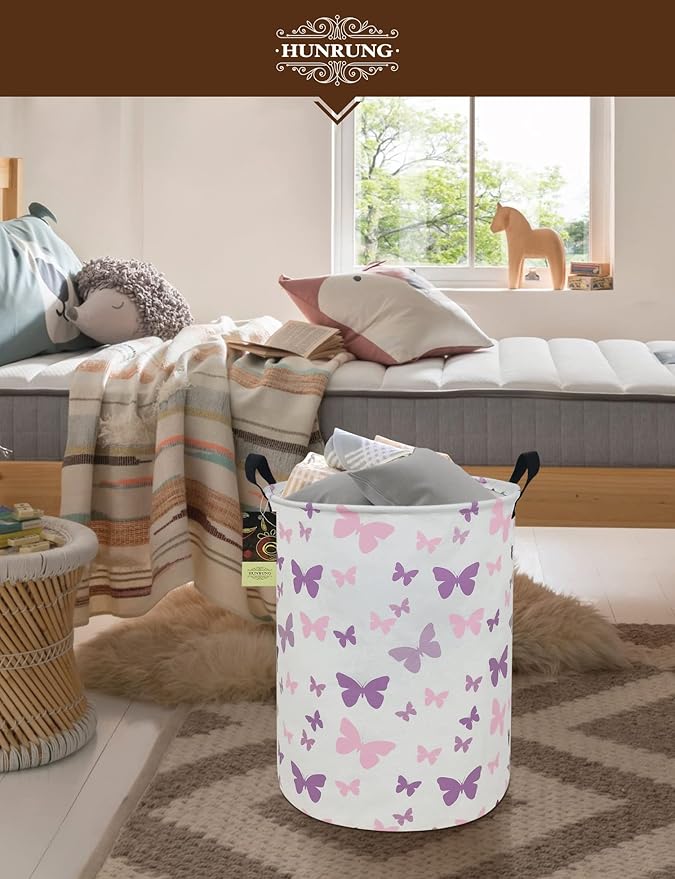 HUNRUNG Laundry Hamper,Large Canvas Fabric Lightweight Storage Basket Toy Organizer Dirty Clothes Collapsible Waterproof for College Dormsï¼Round-Butterflyï¼