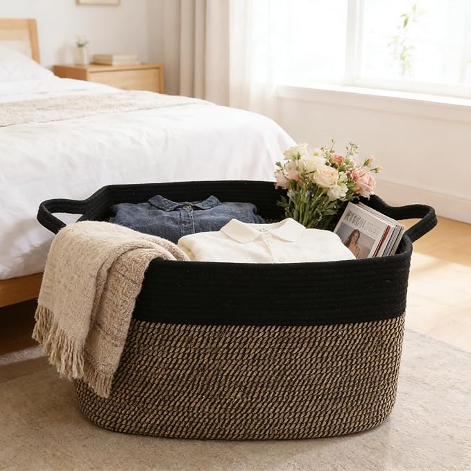 Magazine & Newspaper Baskets,65L Large Woven Rope Blanket Basket,21"x16"x12"Storage Bin with Handle,Toys Storage,Laundry Basket for Home Organization/Living Room/Nursery/Bedroom.Black&Jute