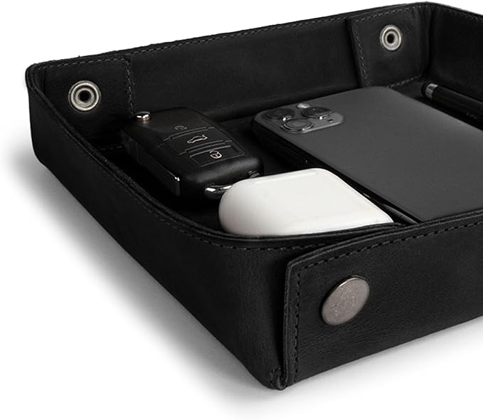 Hide & Drink, Leather Catchall Change Keys Coins Jewels Box Tray Big Storage, Handmade - Charcoal Black