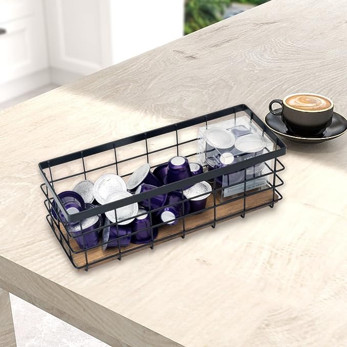 TIEYIPIN Farmhouse Decor Metal Wire Storage Baskets, Wood Base Containers Organizing Basket Caddy Bin for Kitchen Cabinets, Bathroom, Pantry, Garage, Laundry Room, Closets - Cream White (Set of 3)